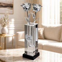 2 Illuminated 14" Silver Roses in 8" Personalized Crystal Vase